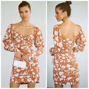 •SABO SKIRT• Genie Bodycon Mini Dress Tan White Floral‎ Print Puff Sleeve Size S